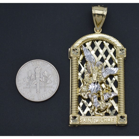 Real Solid 10K Yellow White Gold Shiny Diamond Cut Saint Michael Pendant 9.1gr - Picture 2 of 7